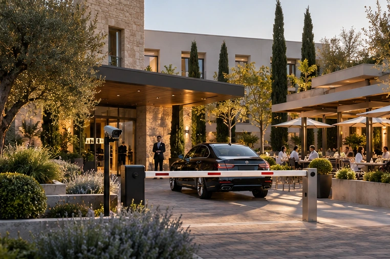 Vizual de concept: acces auto controlat la un hotel cu restaurant