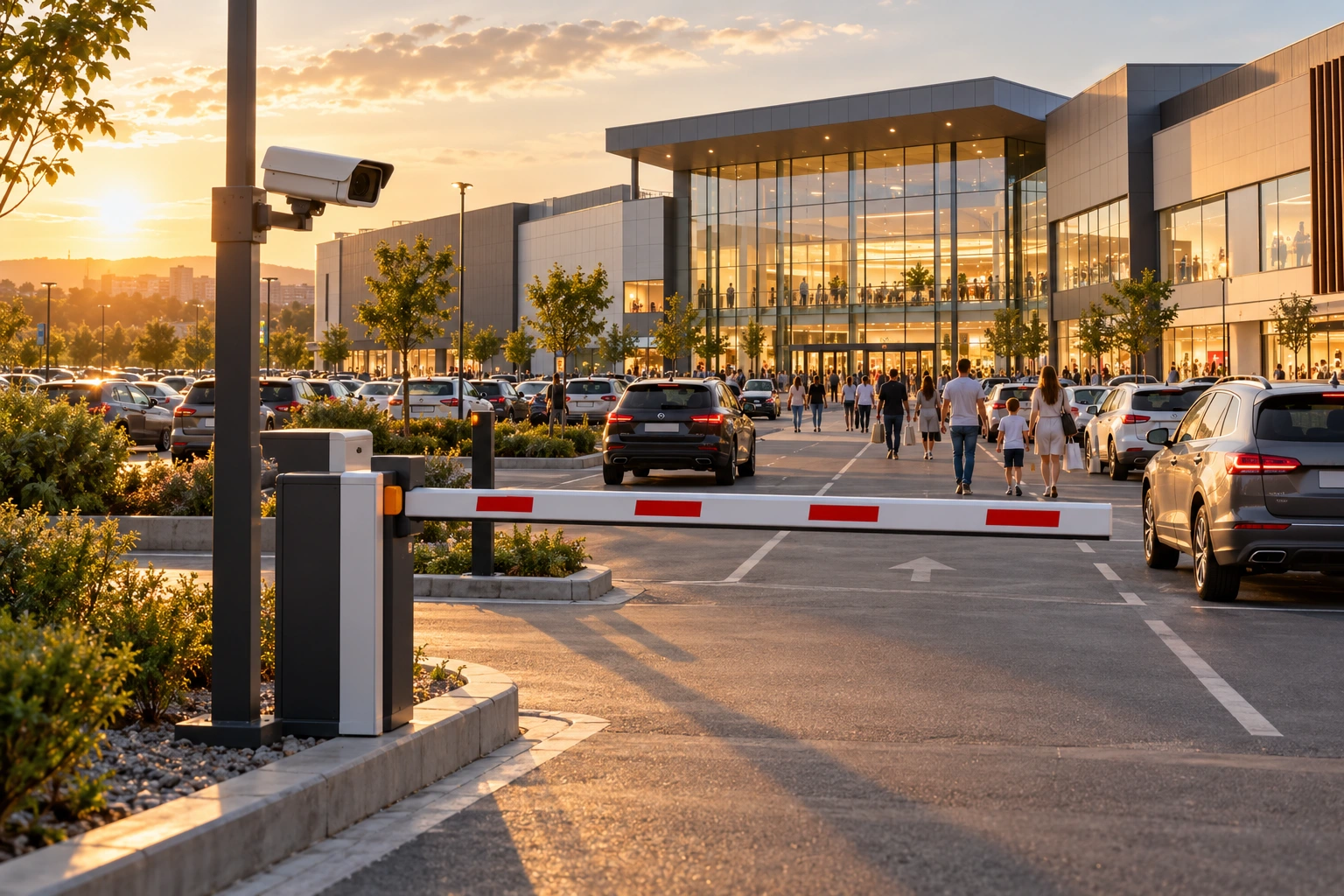 Vizual de concept: parcare cu barieră și ANPR la un centru comercial