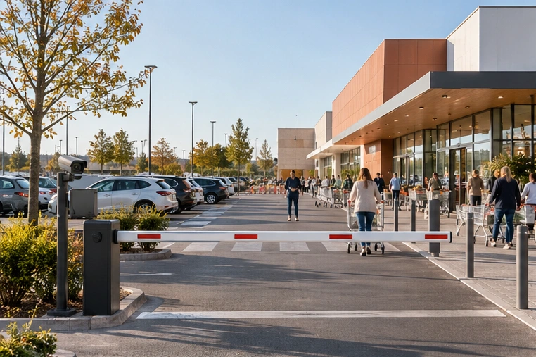 Vizual de concept: parcare cu barieră și cameră ANPR la un magazin modern